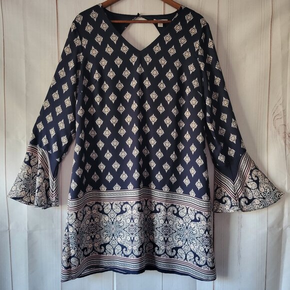 Cato Long Sleeve Midi Dress, L, Blue Multi Color, “Bandana Print”, Bell Sleeve, - Picture 1 of 9